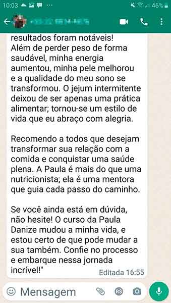 Depoimento no WhatsApp: leitora recomenda o guia, chama a Paula de mentora e diz que o jejum virou estilo de vida