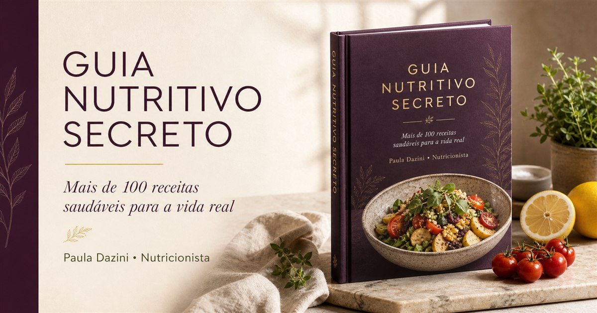 Livro Guia Nutritivo Secreto ao lado de ingredientes frescos